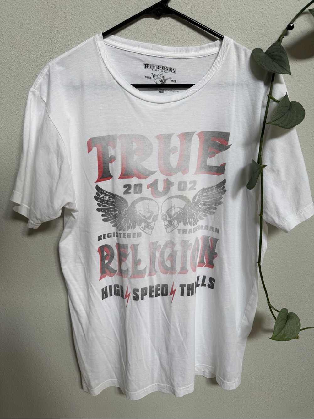 True Religion White Short Sleeve Graphic Tee with Red & Gray Print